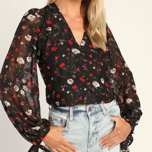 Lulus Wrapped In Blooms Black Floral Balloon Sleeve Wrap Top - Size M